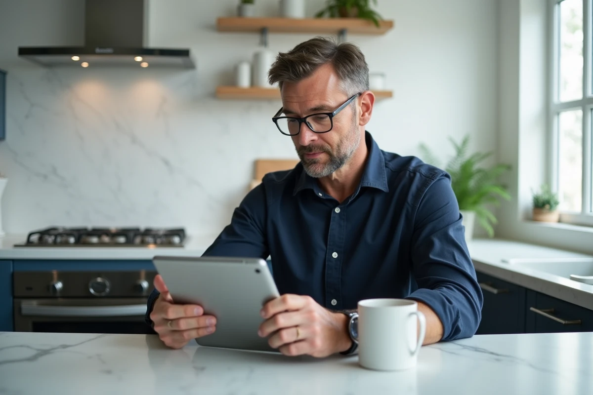 Homme gérant ses commandes Amazon sur une tablette dans une cuisine moderne minimaliste