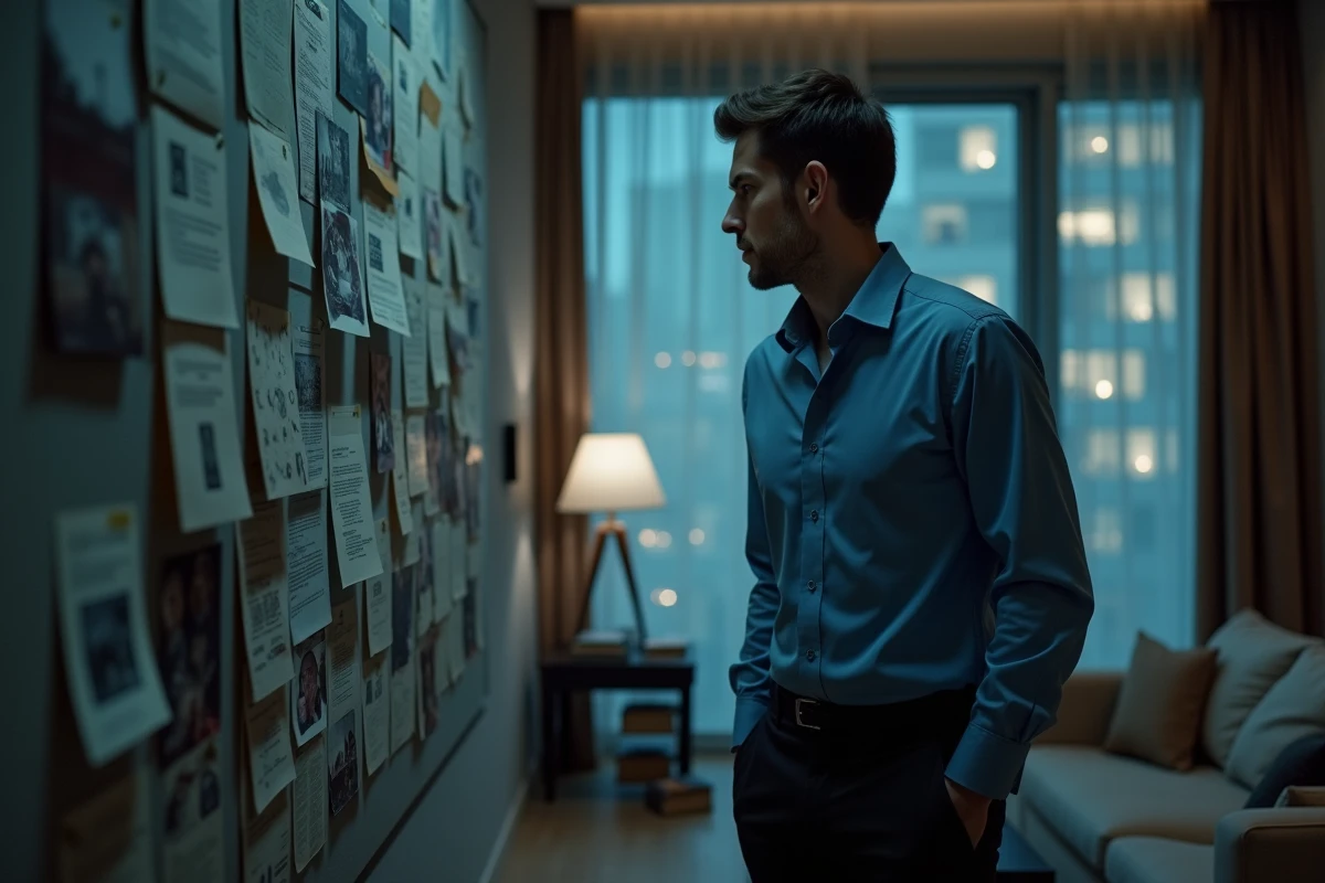 Homme analysant un mur de notes dans un appartement