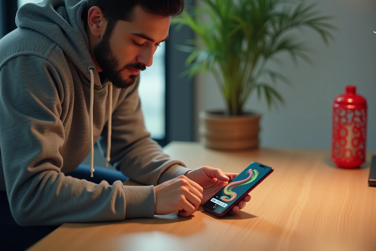 Homme jouant au Google Doodle du Nouvel An chinois sur smartphone Android