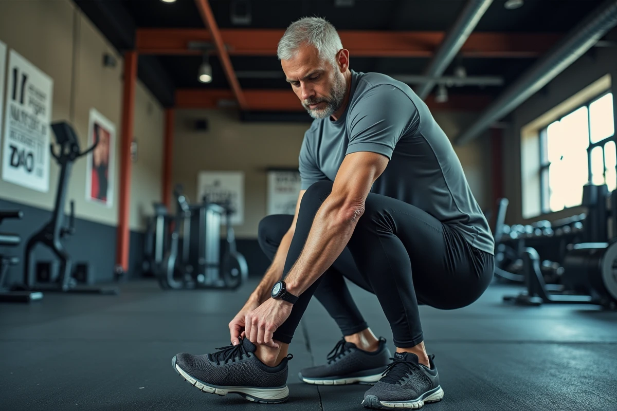 Homme en salle de sport en train de lacer ses sneakers