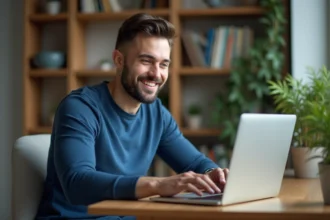 Homme assis à son bureau en intérieur avec ordinateur