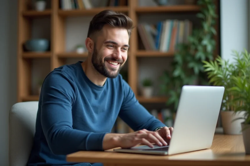 Homme assis à son bureau en intérieur avec ordinateur