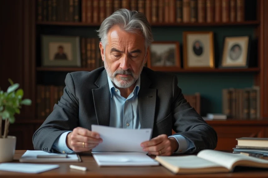 Homme d'âge moyen en bureau avec livres et notes
