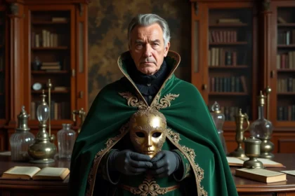 Portrait d'un homme avec masque en main dans une bibliothèque ancienne