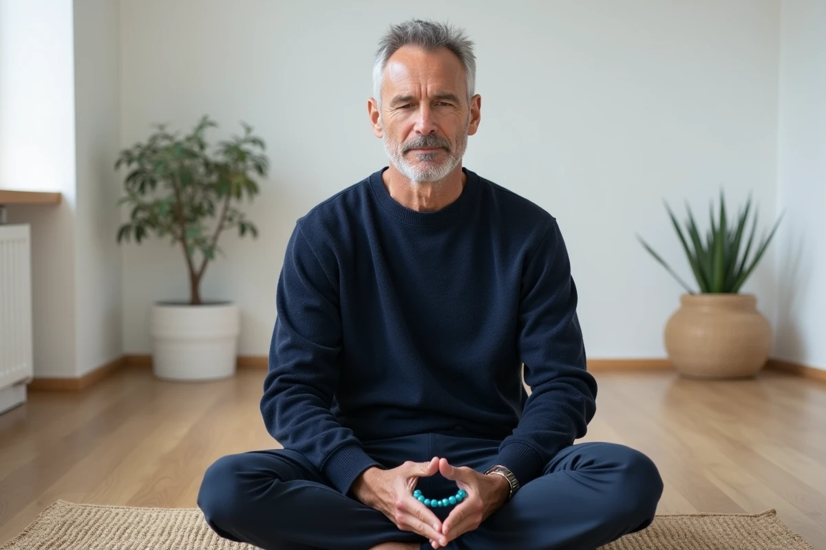 Homme en méditation tenant un bracelet mala en sodalite bleue, illustrant la connexion spirituelle et la protection par les pierres bleues