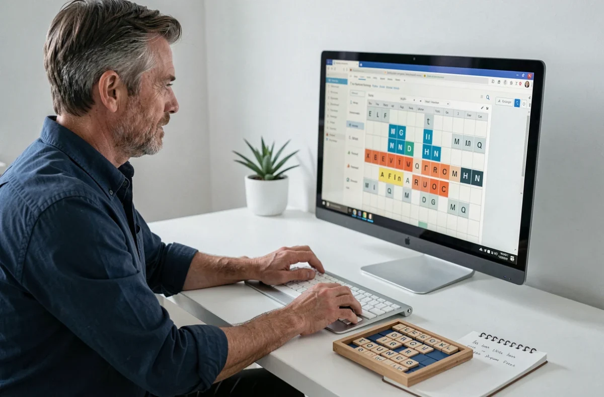 Homme utilisant un outil en ligne de recherche de mots pour optimiser sa stratégie au Scrabble