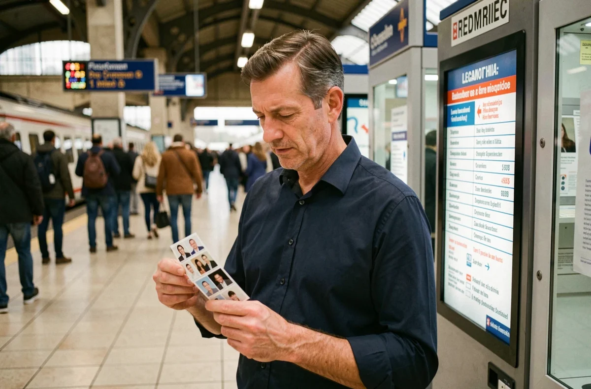 Homme tenant un bandeau de quatre photos d'identité devant un photomaton en gare
