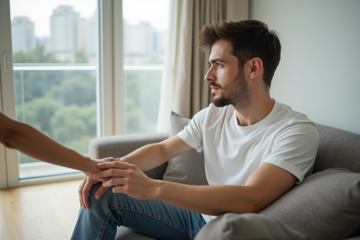 Homme pensif assis sur un canapé dans un appartement moderne