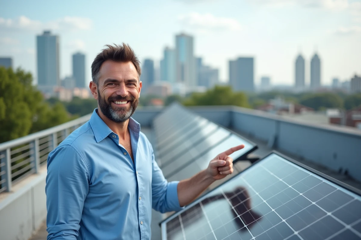 Homme souriant pointant un panneau solaire sur un toit urbain