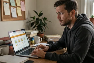 Homme skeptique devant un site de téléchargement douteux sur son ordinateur portable à la maison