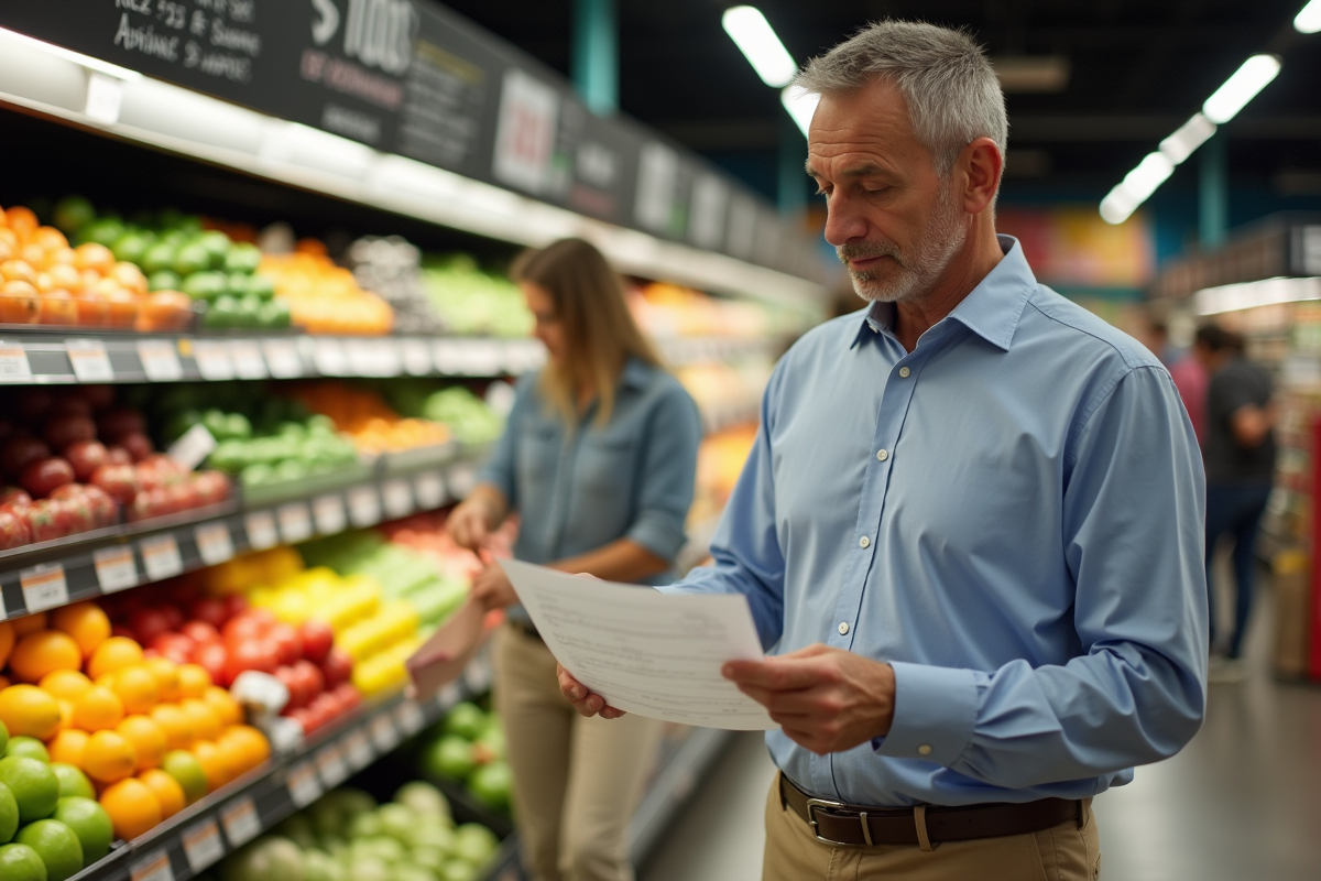 Homme dans un supermarché regardant la liste de courses