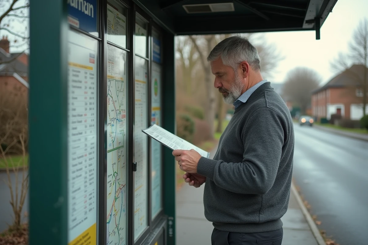 Homme lisant le tableau des horaires du bus 172 dans un abri de bus en banlieue