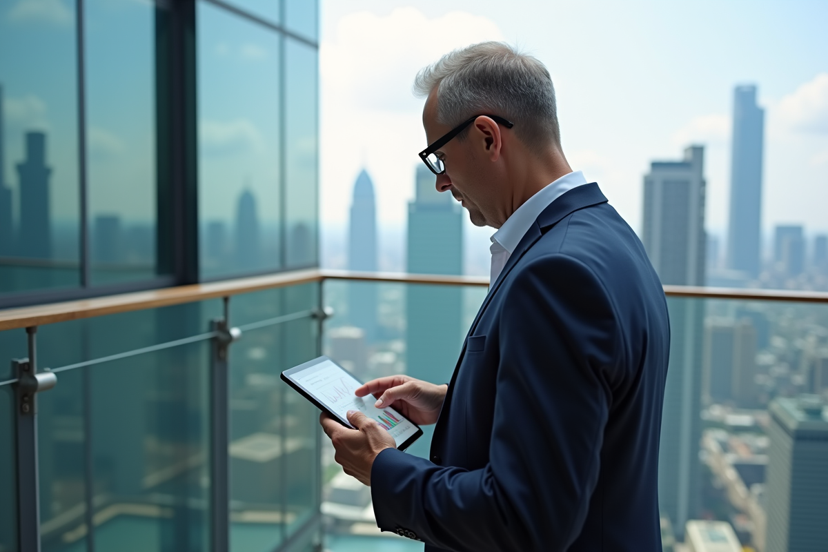 Homme d affaires utilisant une tablette avec vue sur la ville