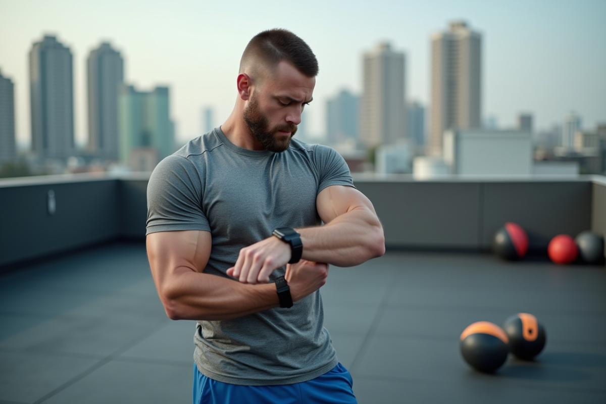 Homme musclé vérifiant sa montre lors d