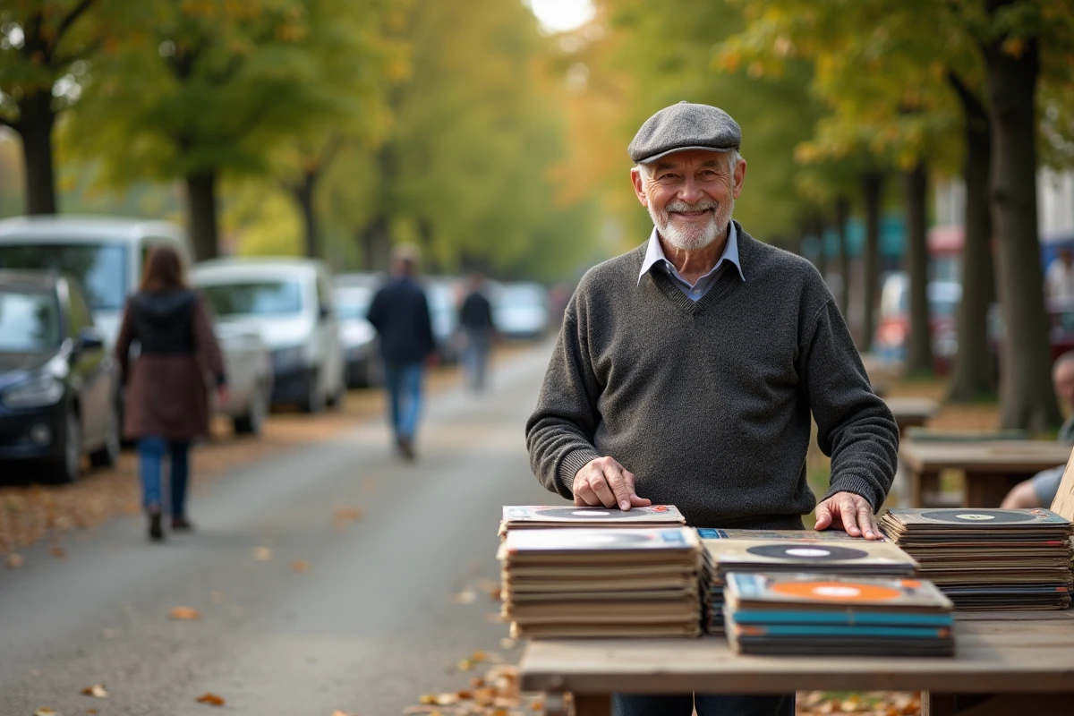 Homme âgé arrangeant des vinyles lors d