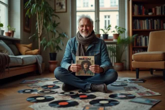 Homme français dans la quarantaine avec disques vinyle vintage