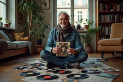 Homme français dans la quarantaine avec disques vinyle vintage
