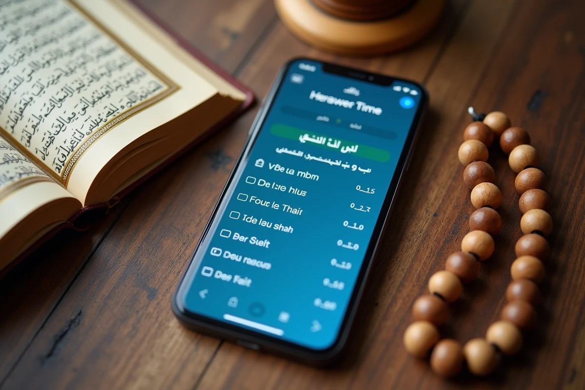 Application mobile affichant les horaires de prière pour Roubaix avec sélection du madhhab, posée sur un Coran ouvert