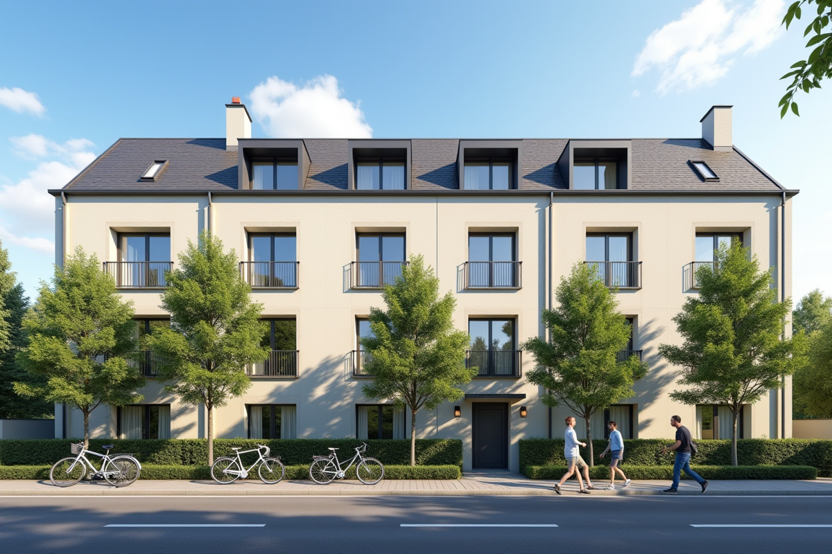 Immeuble de logement social en France avec façade propre et arbres