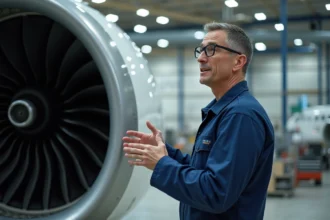Ingénieur aéronautique expliquant un moteur d'avion dans hangar