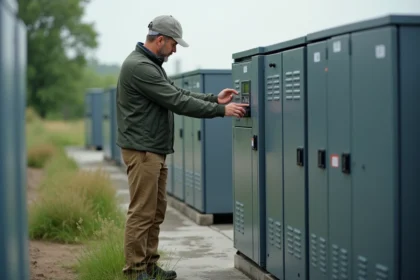 Ingénieur ajustant un panneau de contrôle d'une installation de batteries