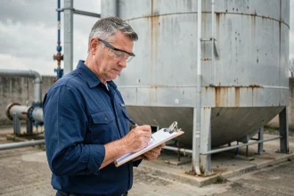 Ingénieur industriel mesurant le volume d'un réservoir d'eau en litres et mètres cubes sur un site industriel extérieur