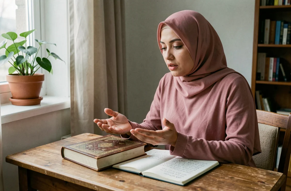 Femme musulmane récitant des invocations du matin avec un Coran et des notes manuscrites à son bureau