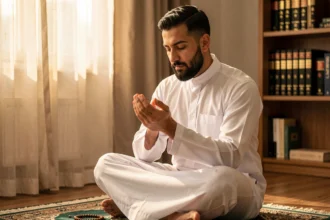 Homme musulman faisant une invocation du matin assis sur un tapis de prière dans un salon paisible