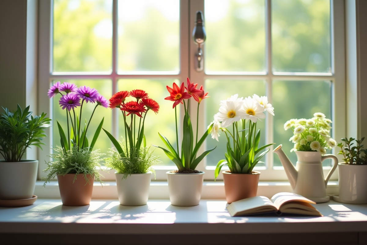 Fenêtre de cuisine avec petits pots de fleurs et feuilles vertes