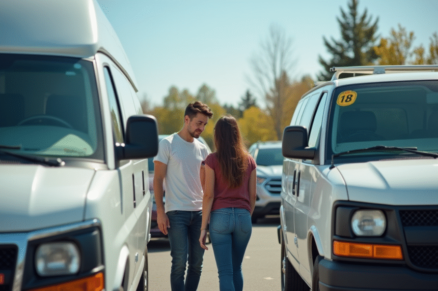 Jeune couple examinant une camionnette blanche d'occasion en concession