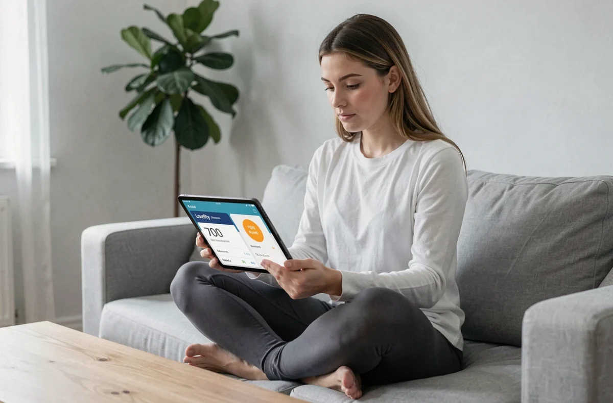 Jeune femme consultant son solde de 700 points sur une application de programme de fidélité depuis son canapé