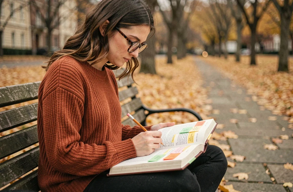 Jeune femme annotant un recueil de poésie en plein air dans un parc en automne, repérant les différentes strophes et groupements de vers
