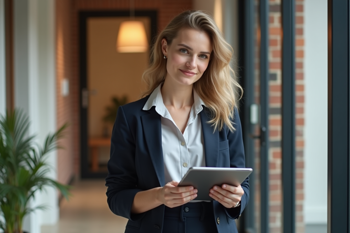 Jeune femme tenant une tablette dans un appartement rénové