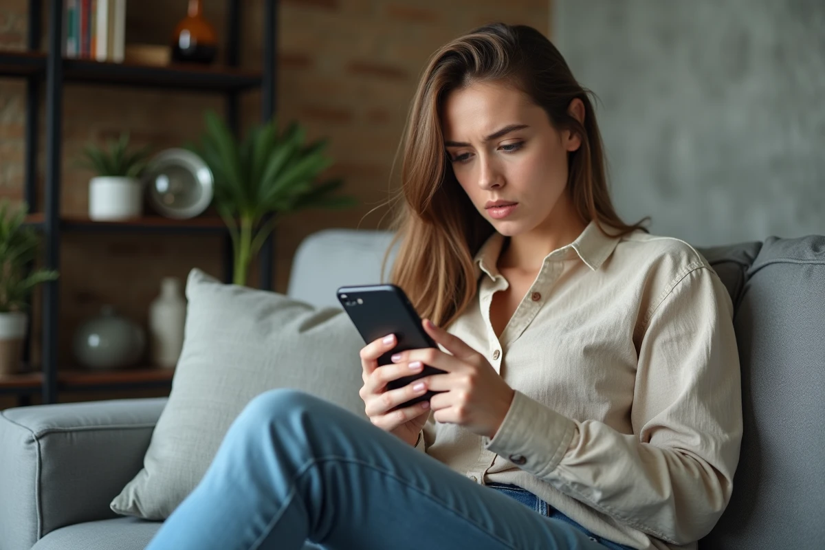 Jeune femme sur son canapé vérifiant un numéro suspect 262 639 dans son journal d'appels