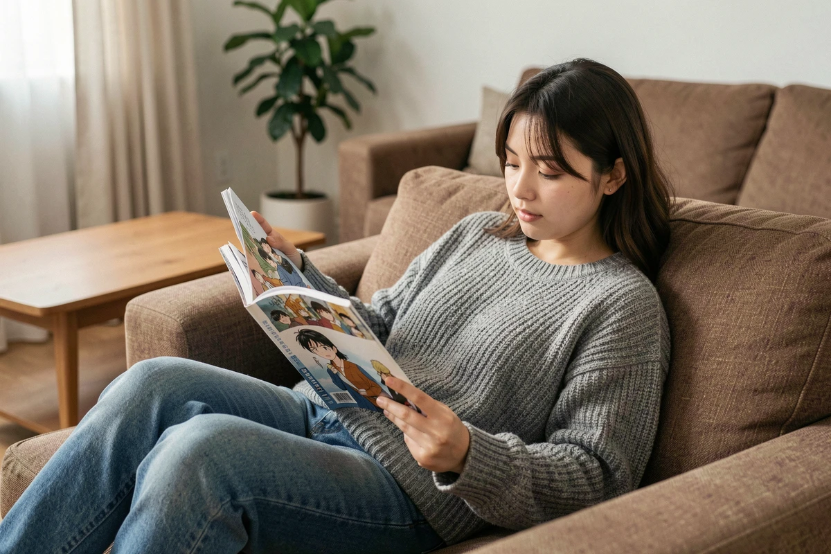 Jeune femme lisant un chapitre clé d'un manga allongée sur un canapé dans un salon moderne