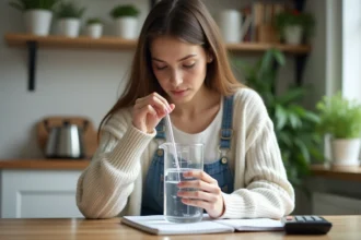 Jeune femme mesure de l'eau dans une bouteille plastique