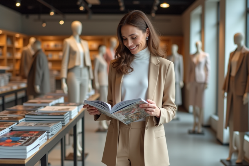 Jeune femme en blazer beige dans une boutique de mode
