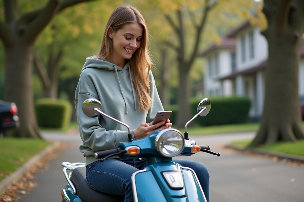 Jeune femme souriante sur un scooter 50cc dans un quartier calme