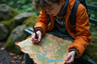 Jeune adolescent avec carte dessinée à la main sur un banc