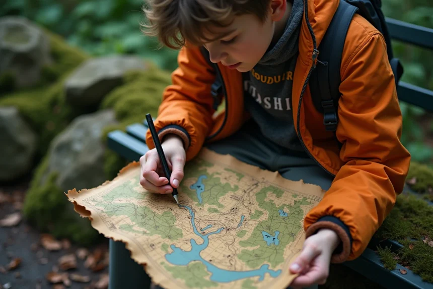 Jeune adolescent avec carte dessinée à la main sur un banc