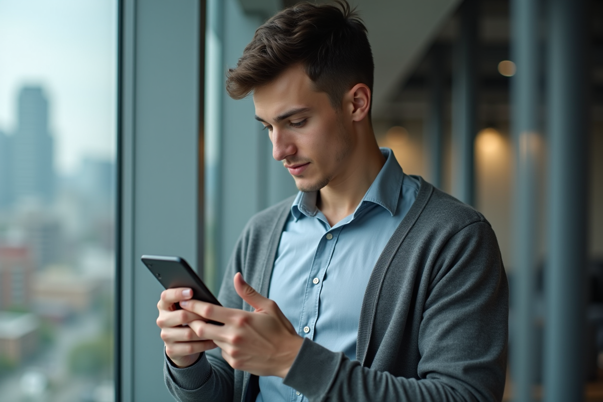 Jeune homme vérifiant un message dans un bureau moderne