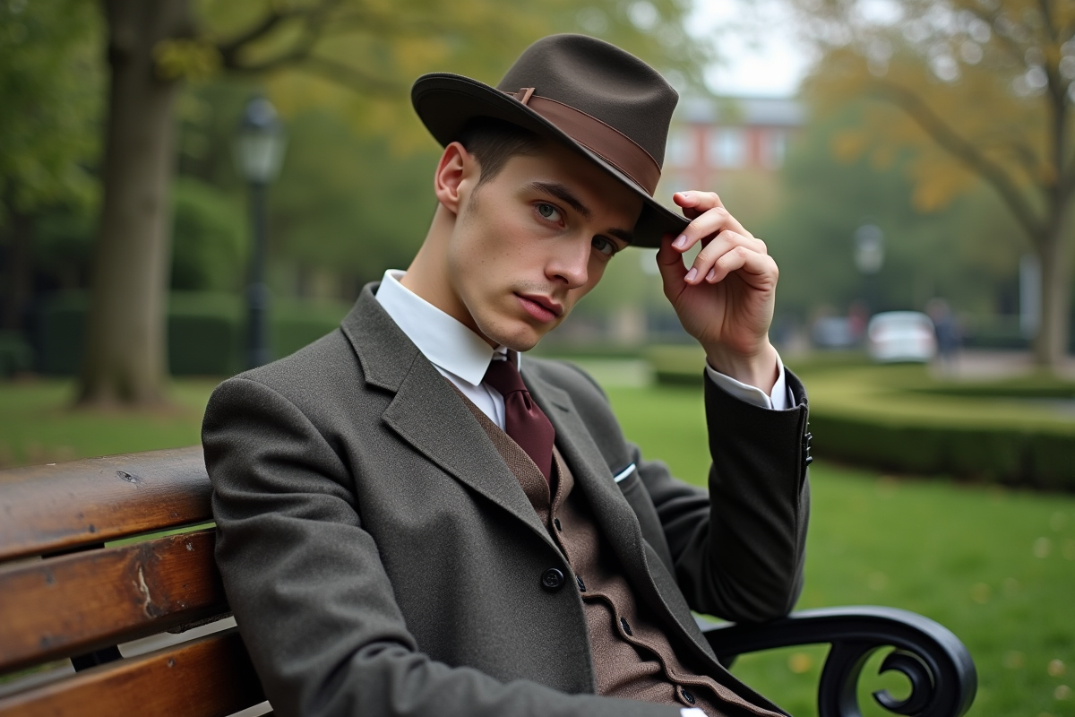 Jeune homme en costume des années 1920 assis dans un parc