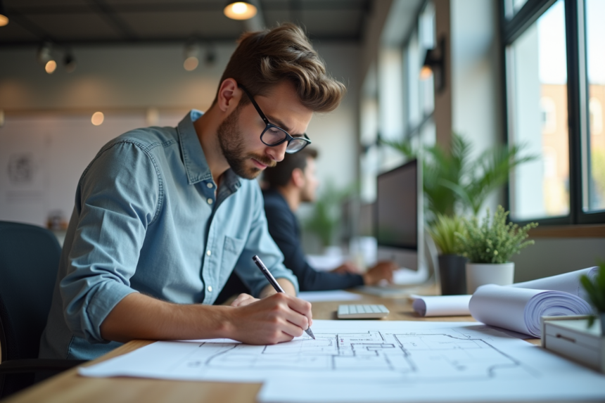 Jeune homme en train de faire des croquis techniques au bureau