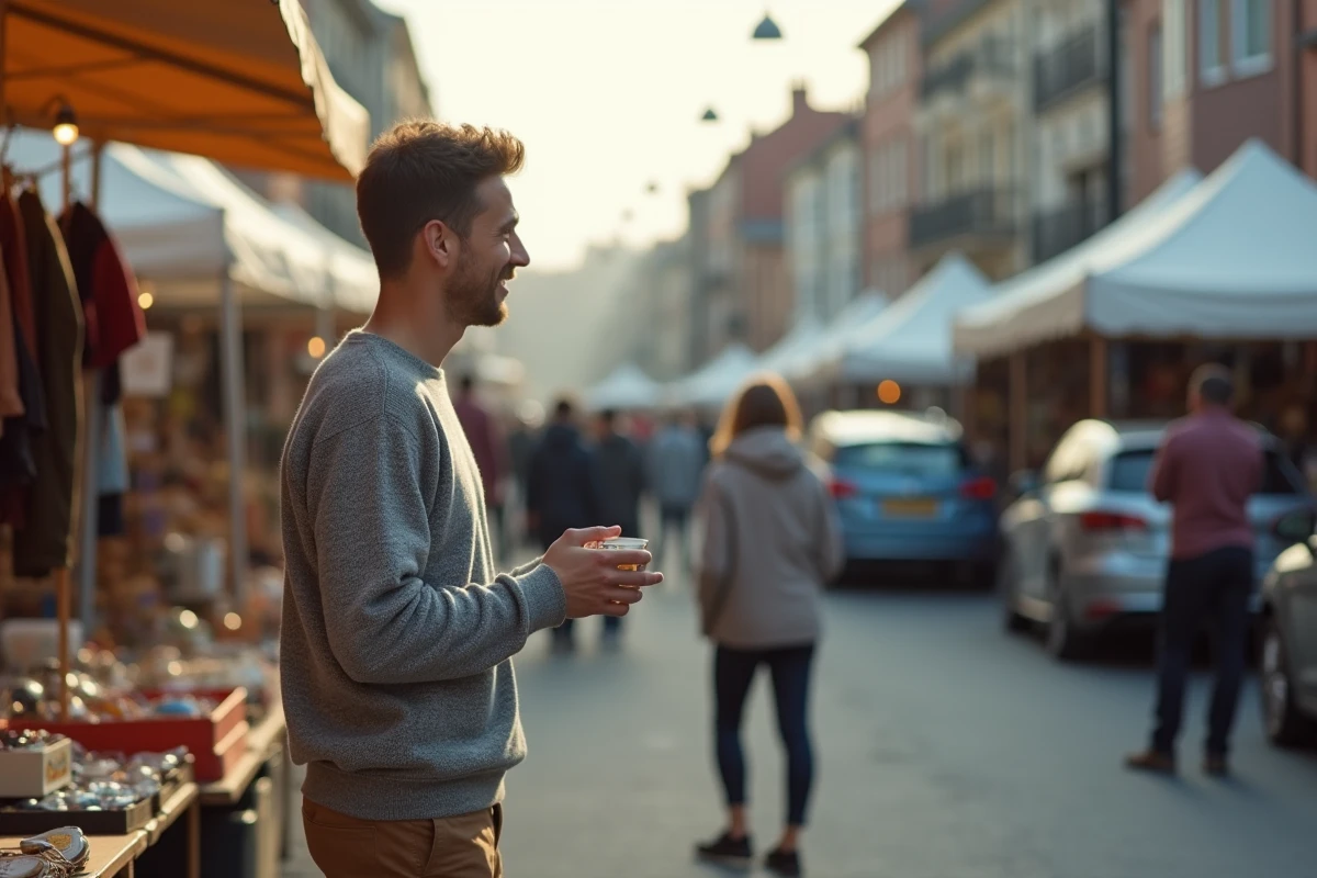 Jeune homme souriant au marché aux puces en matinée