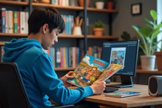 Jeune homme lisant un manga coloré dans un bureau moderne