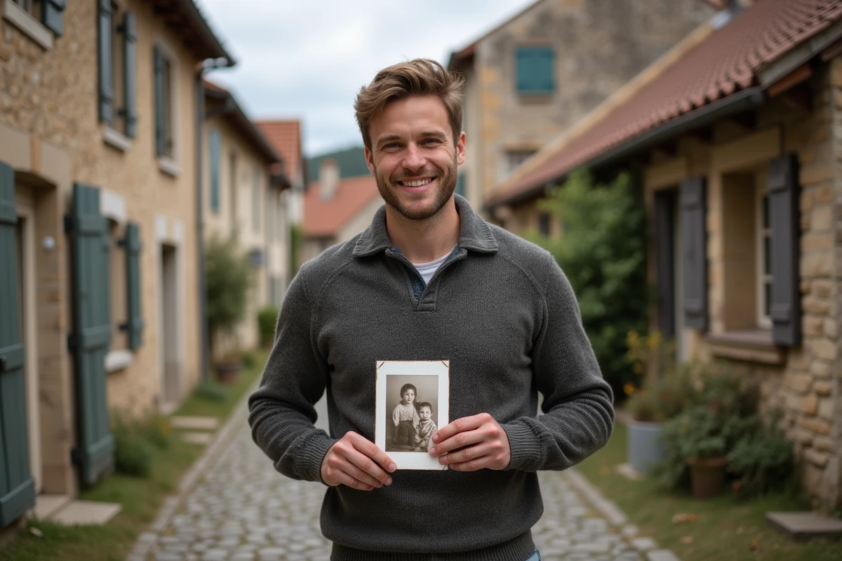 Jeune homme souriant tenant photo dans village rural