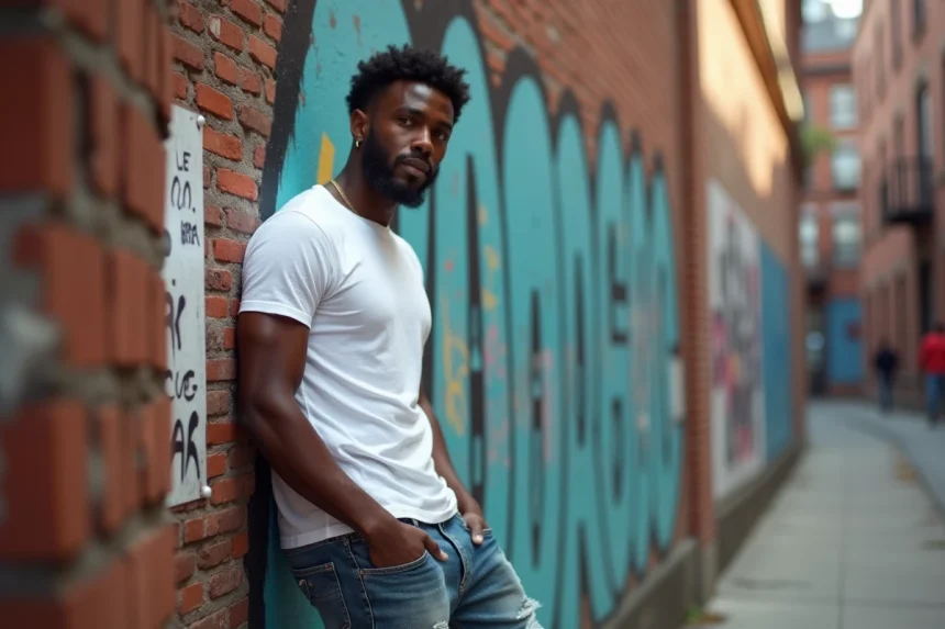 Jeune homme noir dans une rue urbaine avec graffitis