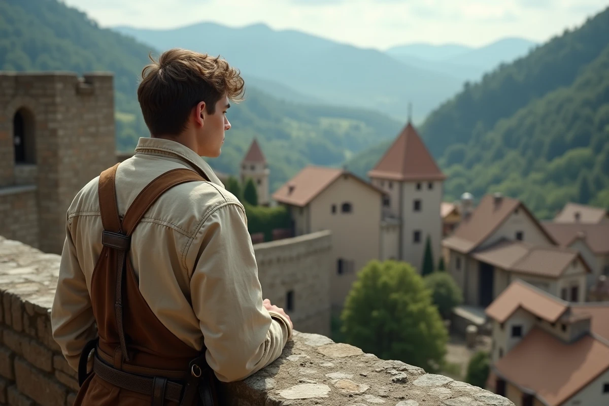 Jeune homme regardant un village médiéval depuis un balcon