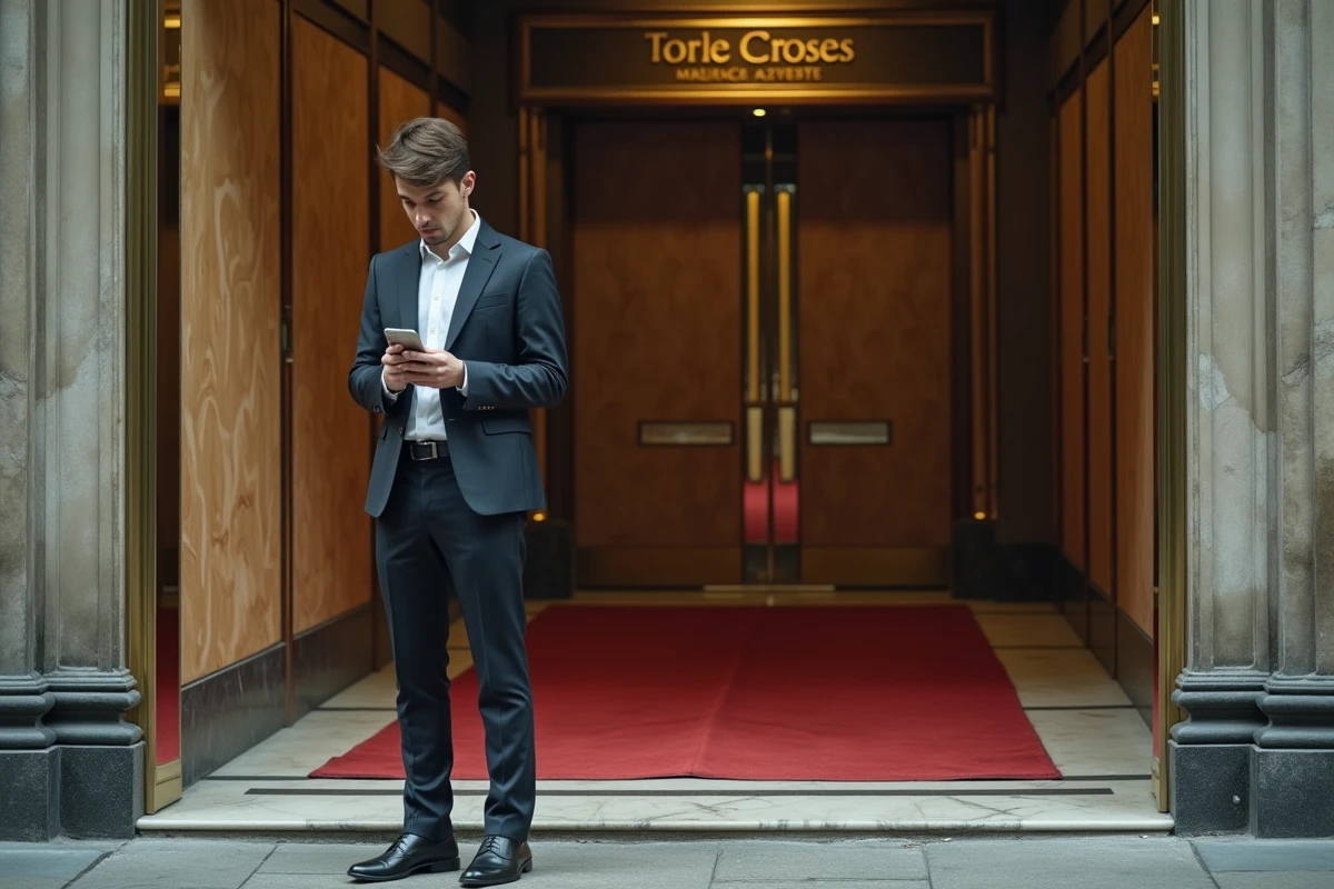 Jeune homme en costume devant une boutique fermée