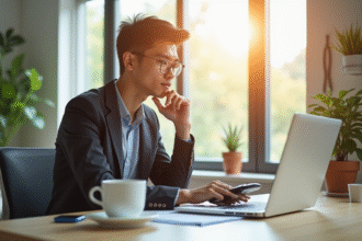 Jeune professionnel au bureau avec fiche de salaire et café